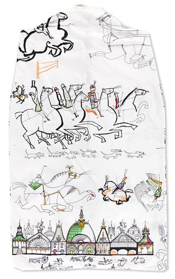 SAUL STEINBERG (1914-1999).  [FABRIC PATTERNS / HORSES & THE WEDDING]. Group of 3 garment bags, 7 small pillow cases & bolt of silk fab
